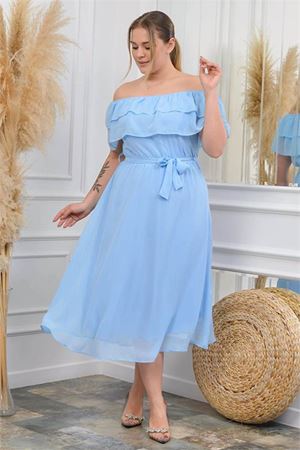 Neşeli butik kadın bebe mavisi kuşaklı büyük beden şifon elbise NB8061