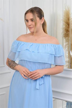 Neşeli butik kadın bebe mavisi kuşaklı büyük beden şifon elbise NB8061