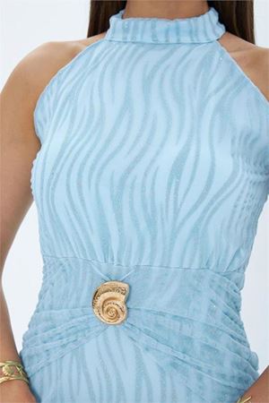 Neşeli butik kadın bebe mavi flok baskılı halter yaka gold kemer detaylı midi boy elbise NBMY4023