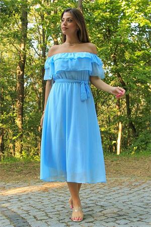 Neşeli butik kadın bebe mavisi kuşaklı madonna yaka baby shower elbise NB8060
