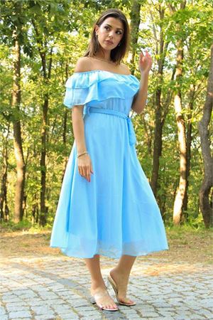 Neşeli butik kadın bebe mavisi kuşaklı madonna yaka baby shower elbise NB8060