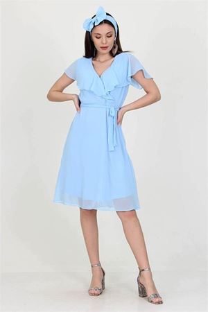 Neşeli Butik Kadın Bebe mavisi Kruvaze Yaka Bağlama Detaylı Yeni Sezon Şifon Elbise NB8081