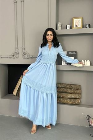 Neşeli butik kadın bebe mavi atlas kumaş dantel detaylı elbise NBMS2517