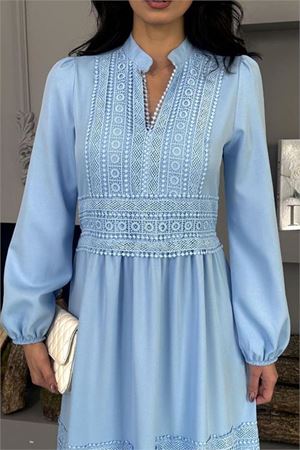 Neşeli butik kadın bebe mavi atlas kumaş dantel detaylı elbise NBMS2517