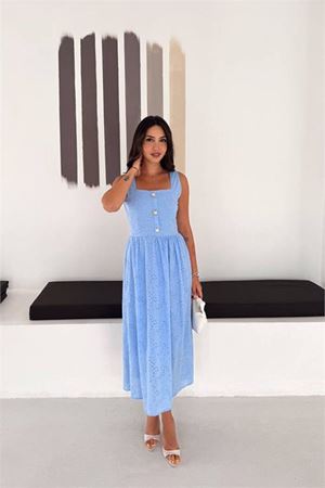Neşeli butik kadın bebe mavi fisto işlemeli düğme detaylı midi boy kare yaka elbise NBK4644