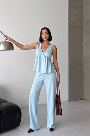 Neşeli butik kadın bebe mavi modal kumaş volanlı atlet geniş paça pantolon yazlık ikili takım NBG132