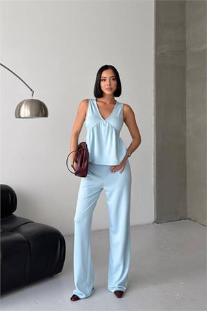 Neşeli butik kadın bebe mavi modal kumaş volanlı atlet geniş paça pantolon yazlık ikili takım NBG132