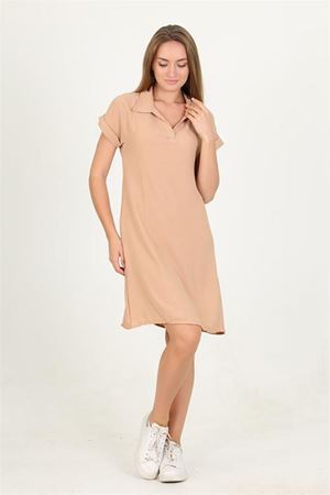 Neşeli butik kadın gömlek yaka kol detaylı midi boy ayrobin elbise LPTR10
