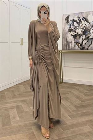 Neşeli butik kadın bej büzgü detaylı premium tunik pantolon tesettür takım NMS103