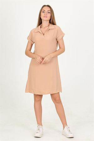 Neşeli butik kadın gömlek yaka kol detaylı midi boy ayrobin elbise LPTR10