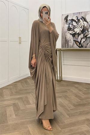 Neşeli butik kadın bej büzgü detaylı premium tunik pantolon tesettür takım NMS103