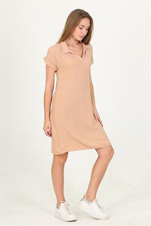 Neşeli butik kadın gömlek yaka kol detaylı midi boy ayrobin elbise LPTR10