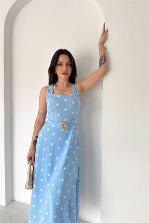 Neşeli butik kadın bebe mavisi çiçek nakışlı kemer detaylı kare yaka midi boy yazlık elbise ---- NBK086