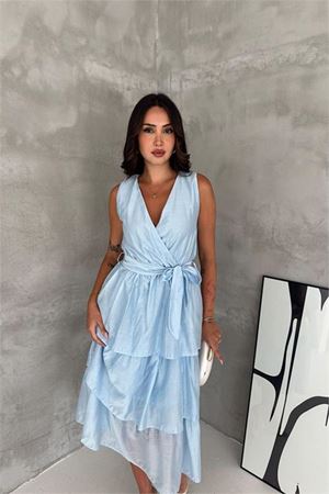 Neşeli butik kadın bebe mavi kruvaze yaka kat kat kuşaklı midi boy elbise NBK4674