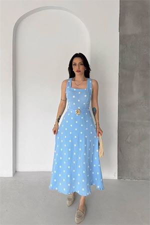 Neşeli butik kadın bebe mavisi çiçek nakışlı kemer detaylı kare yaka midi boy yazlık elbise ---- NBK086