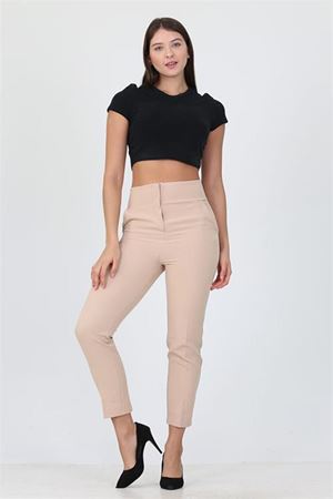 Neşeli butik bej yeni sezon yüksek bel likralı kadın kumaş pantolon ELA004