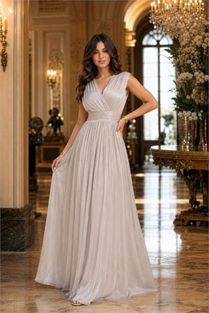 Neşeli butik kadın bej janjan kumaş kruvaze yaka bel detaylı abiye elbise NBMY4057