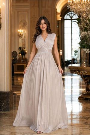 Neşeli butik kadın bej janjan kumaş kruvaze yaka bel detaylı abiye elbise NBMY4057