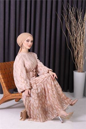 Neşeli butik kadın şifon eteği fırfırlı desenli tesettür elbise SMS008
