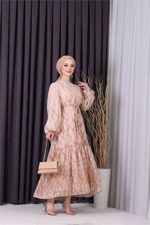 Neşeli butik kadın şifon eteği fırfırlı desenli tesettür elbise SMS008