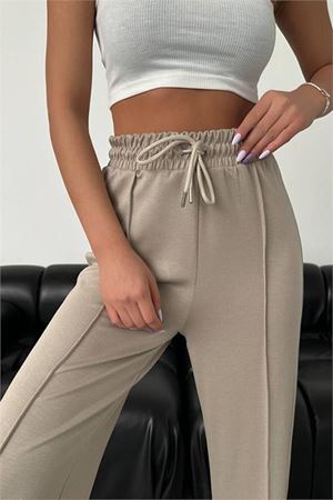 Neşeli butik kadın bej modal kumaş bol paça pantolon NBG003