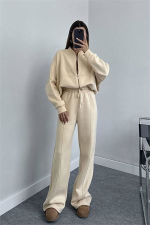 Neşeli butik kadın penye 3 iplik şardonlu kumaş eşofman takım GTS022 - Bej