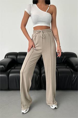 Neşeli butik kadın bej modal kumaş bol paça pantolon NBG003