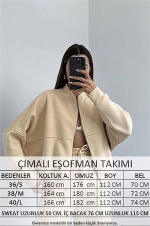 Neşeli butik kadın penye 3 iplik şardonlu kumaş eşofman takım GTS022 - Bej