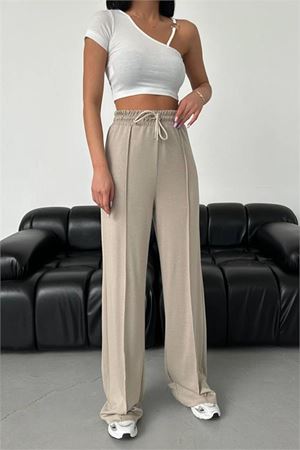 Neşeli butik kadın bej modal kumaş bol paça pantolon NBG003