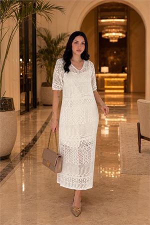 Neşeli butik kadın bej ajurlu midi boy dantel elbise NBK093