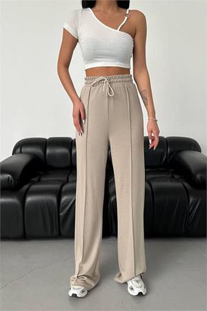 Neşeli butik kadın bej modal kumaş bol paça pantolon NBG003