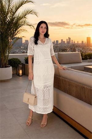 Neşeli butik kadın bej ajurlu midi boy dantel elbise NBK093