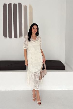 Neşeli butik kadın bej ajurlu midi boy dantel elbise NBK093