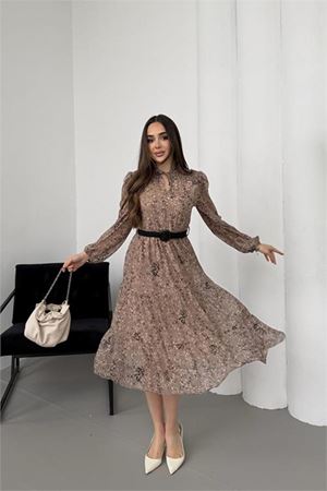 Neşeli butik kadın bej dik yaka bağlama detaylı şifon kumaş uzun kol midi elbise NBELB01