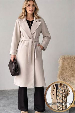Neşeli butik kadın astarlı bej ithal kaşe kaban NBG048