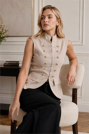 Neşeli butik kadın bej dik yaka düğmeli ZR model premium gabardin yelek NBYLK001