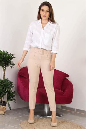 Neşeli butik kadın cepli yeni sezon kemerli ofis pantolon QNS017