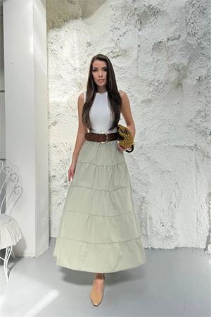 Neşeli butik kadın bej kat kat volanlı tam boy etek NBG128
