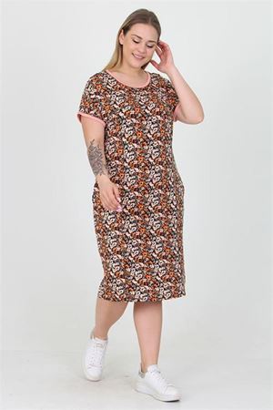 Neşeli butik kadın bisiklet yaka çiçekli büyük beden elbise AYSL33