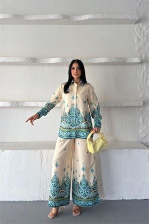 Neşeli butik kadın bej ithal kumaş desenli gömlek pantolon ikili tasarım takım NBMS2687