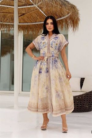 Neşeli butik kadın desenli keten ithal gömlek elbise NBEMP2754