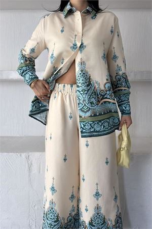 Neşeli butik kadın bej ithal kumaş desenli gömlek pantolon ikili tasarım takım NBMS2687