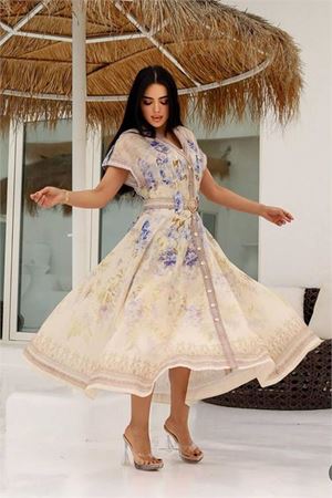 Neşeli butik kadın desenli keten ithal gömlek elbise NBEMP2754