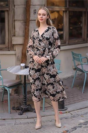 Neşeli butik kadın bej kruvaze yaka çiçek desenli midi elbise RSSN29