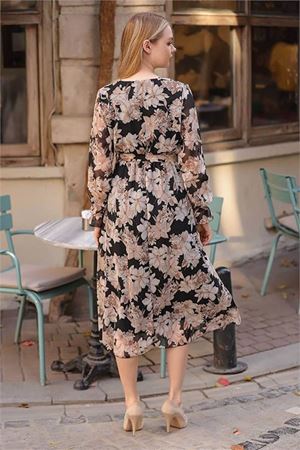 Neşeli butik kadın bej kruvaze yaka çiçek desenli midi elbise RSSN29