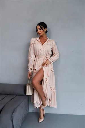 Neşeli butik kadın uzun dantel detaylı tasarım elbise NBMS42110
