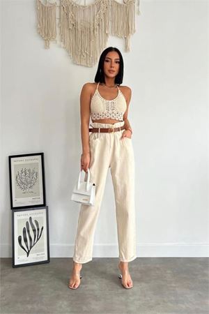 Neşeli butik kadın kemerli yüksek bel pamuk pantolon NBASP7299