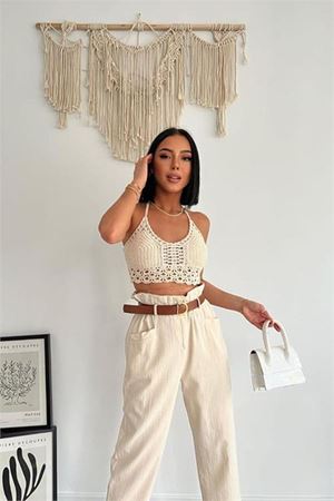 Neşeli butik kadın kemerli yüksek bel pamuk pantolon NBASP7299