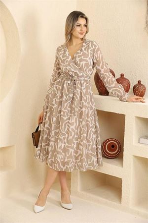 Neşeli butik kadın bej desenli şifon elbise RSSN32