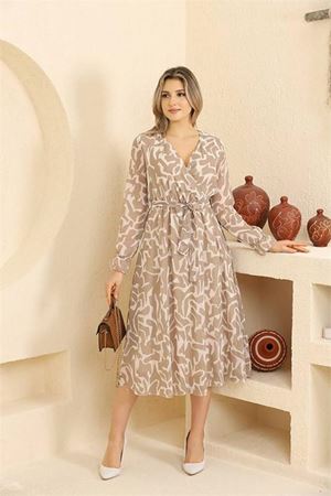 Neşeli butik kadın bej desenli şifon elbise RSSN32